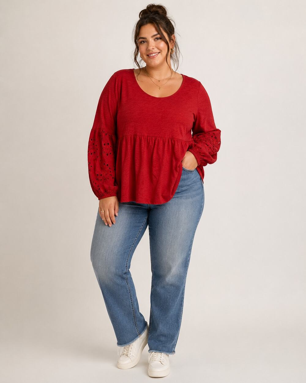 Torrid Red Eyelet Balloon Sleeve Blouse Womens 1X Shirt Boho Casual Classic Top
